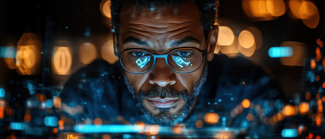 Close-up of a man wearing glasses looking intently at a screen with glowing blue and orange lights reflecting in his eyes