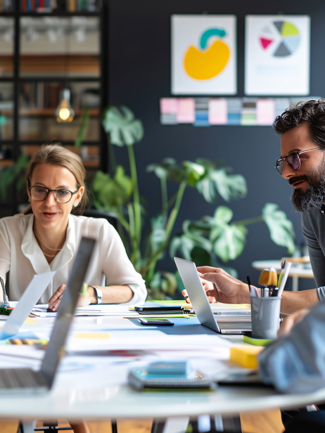 A visionary meeting where manufacturers and retailers discuss incentivizing designs for recyclability and compostability in a green office environment