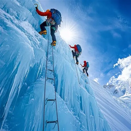 Team scaling an icy peak on Mount Everest with rope and ladder