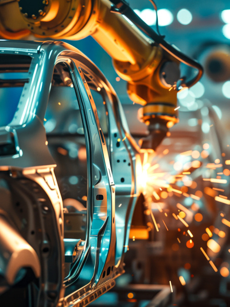 A robotic arm welding car parts in an automobile factory