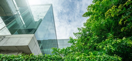 Mirror building with green view