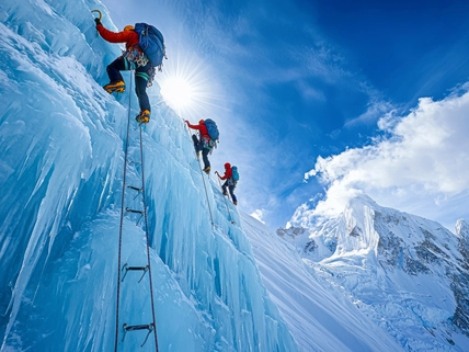 High-quality image of a team scaling an icy peak on Mount Everest with rope and ladder, captured in a realistic style.
