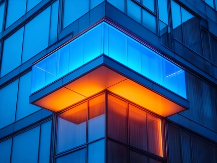 balcony on building lit from below