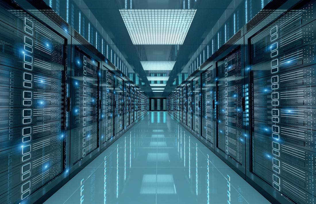 Dark servers center room with computers and storage systems 3D rendering