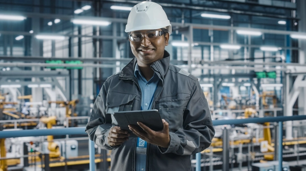 Portrait of Automotive Industry Engineer in Safety Uniform Using Tablet at Car Factory Facility. Happy Assembly Plant Multiethnic Man Specialist Working on Manufacturing Modern Electric Vehicles