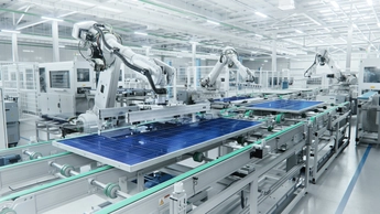 Wide Shot of Solar Panel Production Line with Robot Arms at Modern Bright Factory. Solar Panels are being Assembled on Conveyor