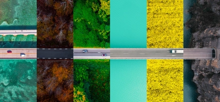 Creative imane composition of six partitions with different roads in differents scenarios composing cool picture.