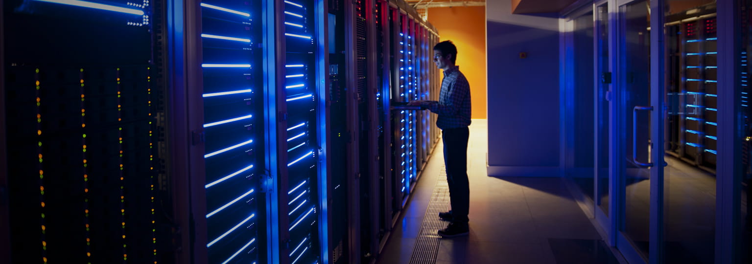 Man working on server room