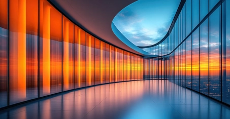 A modern interior space with large glass windows displaying a vibrant orange and blue sunset over a city skyline.