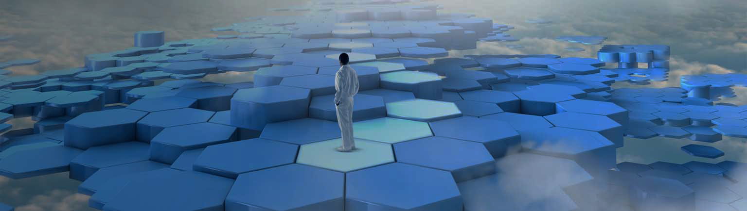 Man standing on 3D hexagon steps