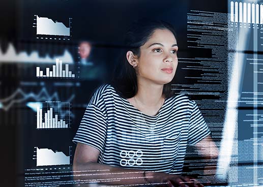 Person staring at data superimposed with charts and graphs