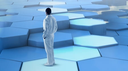 Person dressed in white suit overlooking multiple octagonal steps floating in the sky