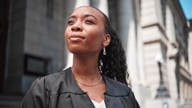Court, woman judge or lawyer outside, thinking and professional career in legal justice system