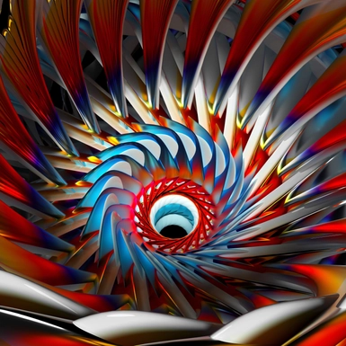 3d render of abstract art 3d background with part of surreal alien sun flower or turbine jet engine with curve spiral fractal blades in white ceramic and orange and blue gradient color metal parts