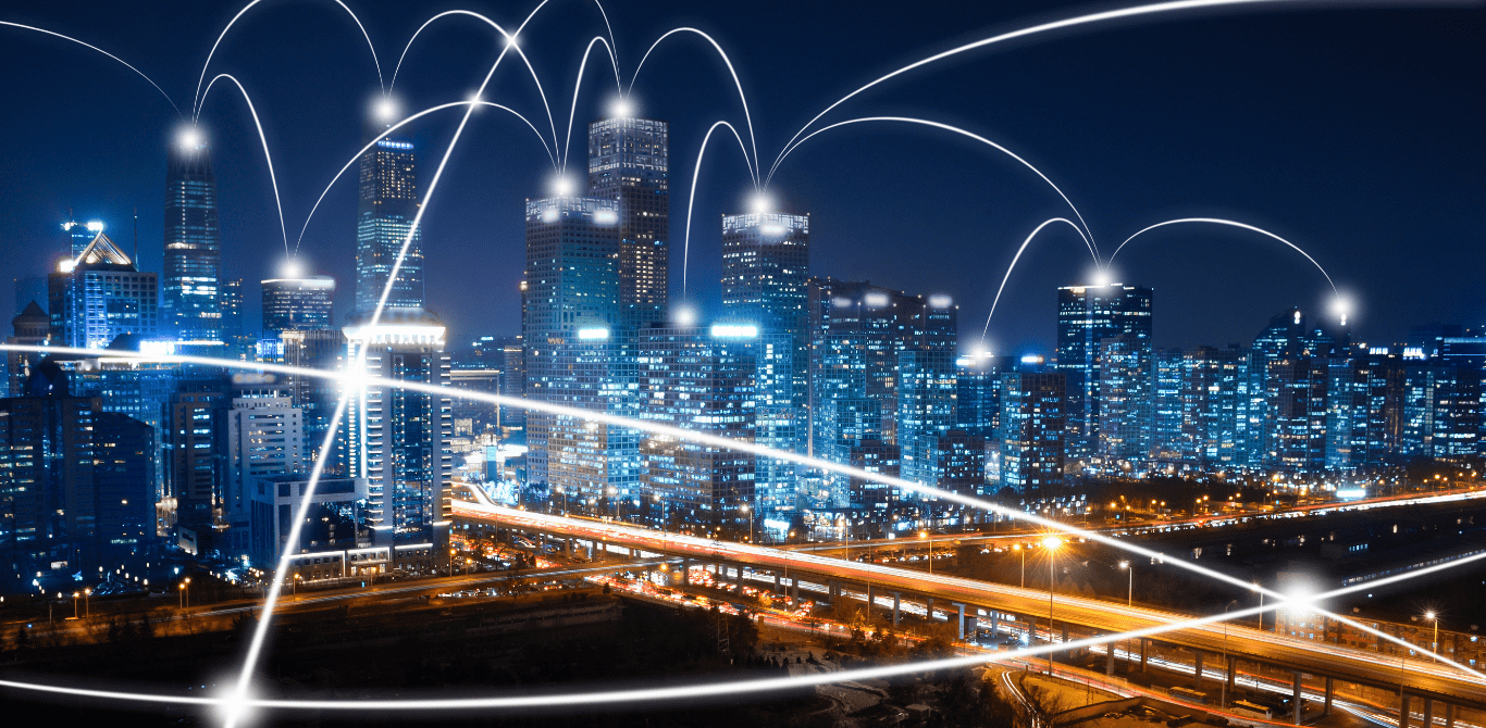 Network and Connection technology night city background at business center
