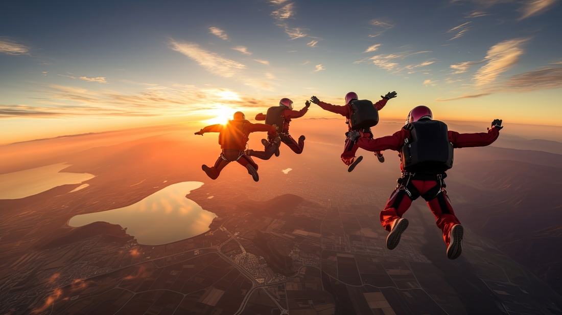 Skydiving group at the sunset Skydivers make a formation above the clouds