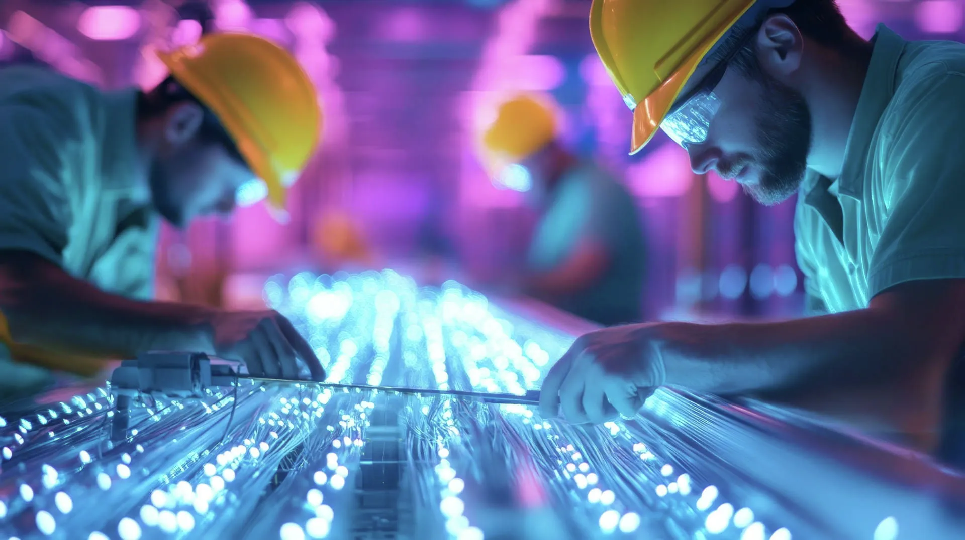 Telecommunication engineers work in a brightly lit data center, installing fiber optic cables, representing the advancement of technology, network infrastructure, connectivity, and data transmission.