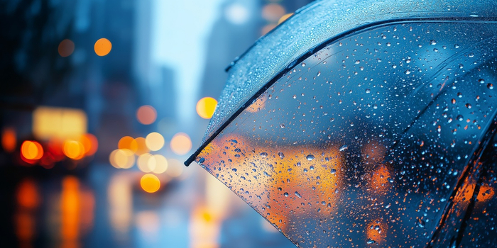 Night cityscape seen through wet umbrella during rainy weather