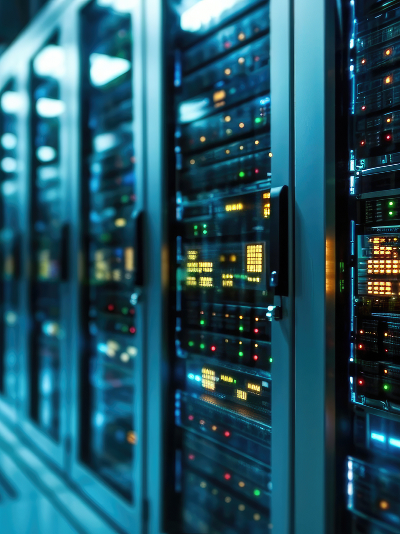 Modern Rack LED console in server room data center. Generative AI.