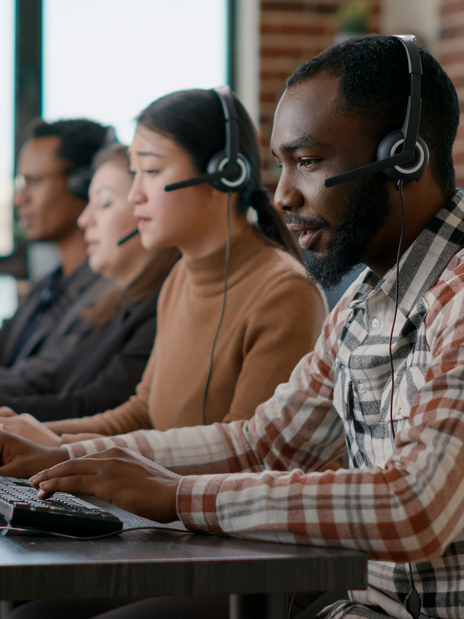 African american man working at call center office