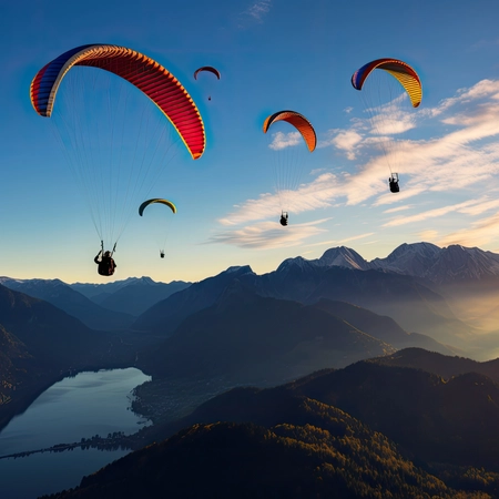 paragliding adventure flying with friends by the lake on mountain background at sunset 