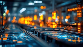 Industrial production line. Blurry factory scene with conveyor belt 