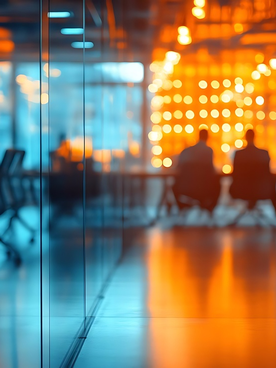 Blurred Photo of Busy Office Meeting Room with Orange and Blue Lighting