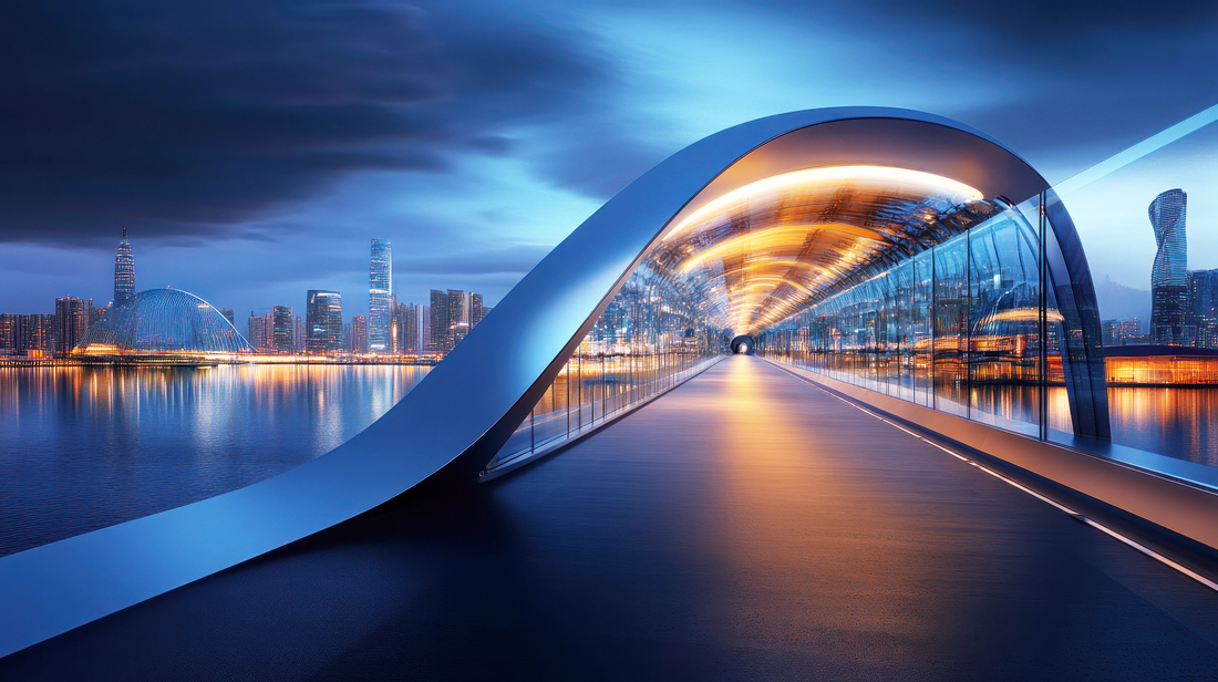 Modern architectural bridge at twilight over a city skyline