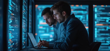  Collaborative Software Engineers Analyzing Complex Code and Big Data in High-Tech Command Center 