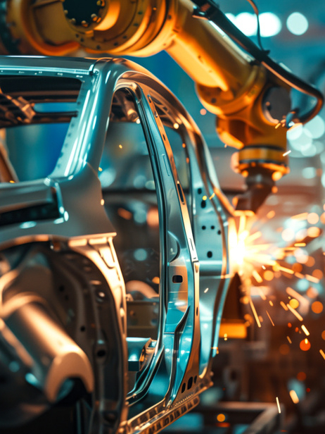 A robotic arm welding car parts in an automobile factory
