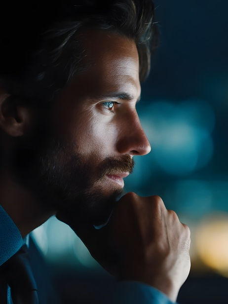 A businessman thoughtfully analyzes data on a computer screen in a dimly lit modern office at night with blurred city lights in the background