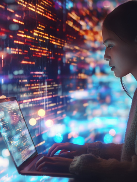 Focused Woman Typing on Laptop in Futuristic Cityscape with Digital Light Trails