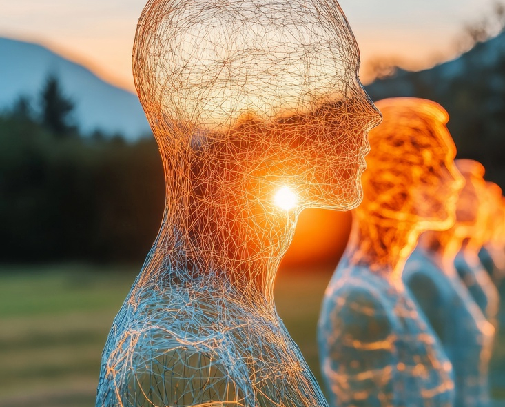Contemporary Wireframe Silhouettes at Sunset Tech-Inspired Art for Innovative Office Design and Digital Marketing Strategies