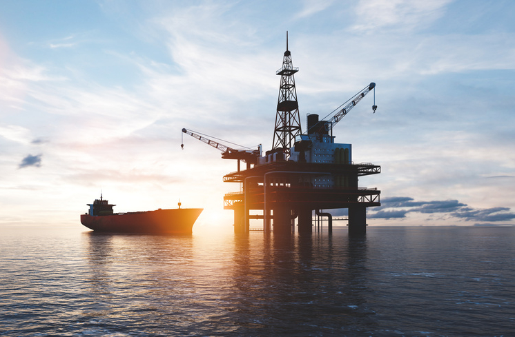 Oil platform on the ocean. Offshore drilling for gas and petroleum