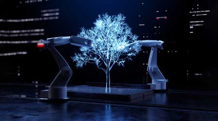 An outline of an electric tree being created by two robots