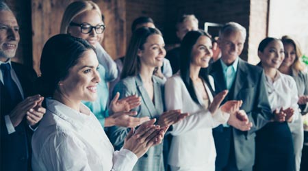 Close Up Side Profile Blurry View Photo Different Age Members Business People Stand She Her He Him His Together Best Brigade Show Appreciation Clap Hands Arms Project Power Formal Wear Jackets Shirts High-Res Stock Photo