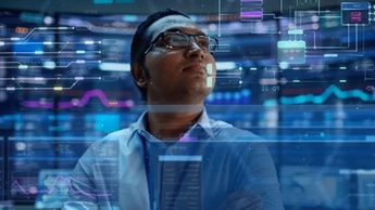 First Person POV Footage of Professional IT Technical Support Specialist or Software Engineer Pushing Augmented Reality Display in a Modern Monitoring Control Room Full of Computers