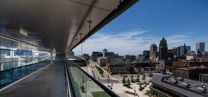 city view from building walkway outside