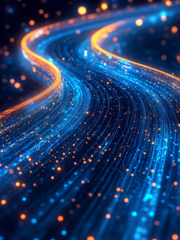 Abstract glowing blue orange data stream, night, digital technology background