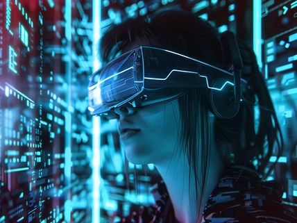 Augmented reality. Woman in futuristic neon metaverse game, girl exploring AR cyberspace