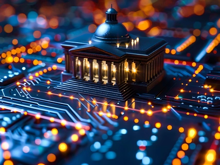 A miniature building with columns and a dome positioned on a stylized motherboard, illuminated by orange and blue lights.