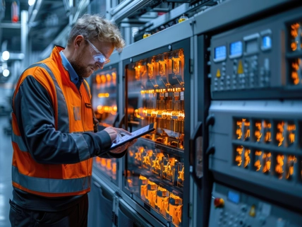 A man in an orange safety vest is looking at a computer screen with a tablet