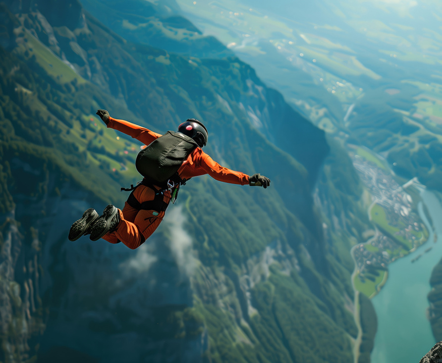 Man practicing base jumping from a cliff. One of the most dangerous extreme sport.