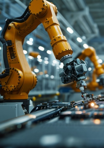 Modern hi-tech facility with automated line and AI-controlled robotic hands for hi-precision assembling of complex mechanisms. Industrial automation and conveyor systems in smart factory.