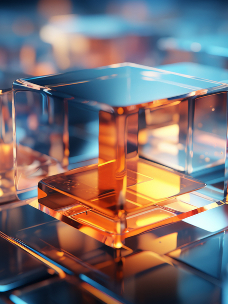 Abstract background of reflective neon purple, blue and orange glass cubes with copy space