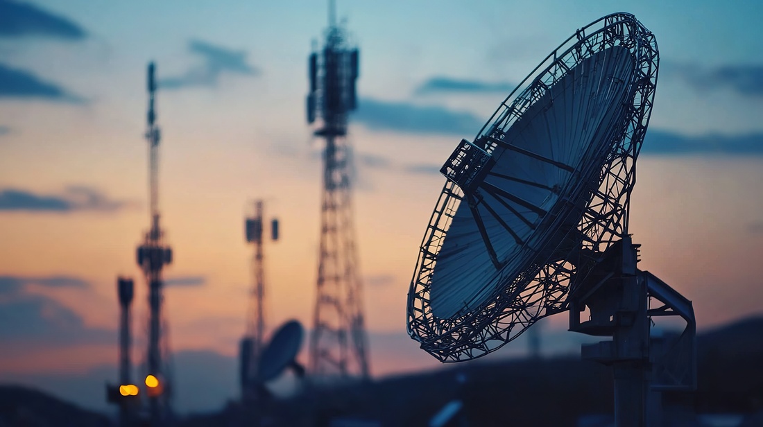 A silhouette of a large satellite dish against a sunset, framed by telecommunications towers, showcasing the blend of technology and nature.