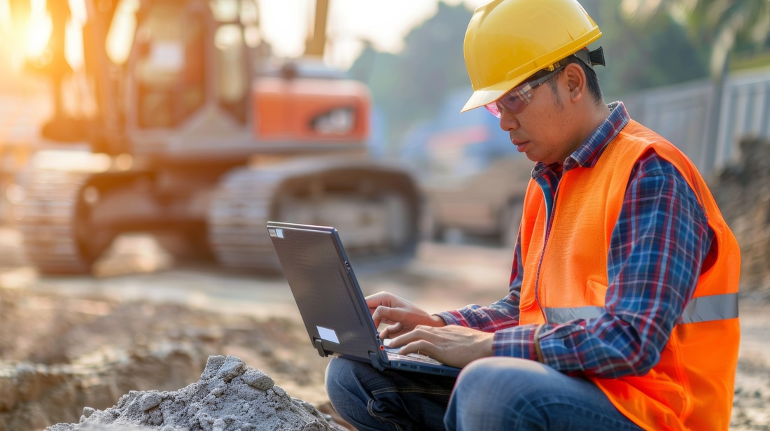 Civil engineer at construction site using computer laptop checking a work. Management in the construction site.