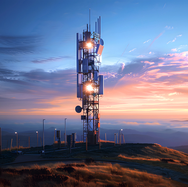 A modern cell tower with several dishes and antennas against the backdrop of blue sky at sunset. A telecommunication structure, with an aerial tower made from steel beams and metal plates.