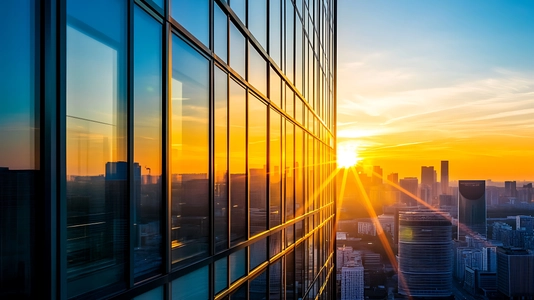 Sunrise Through Glass Windows of Skyscraper Building in City