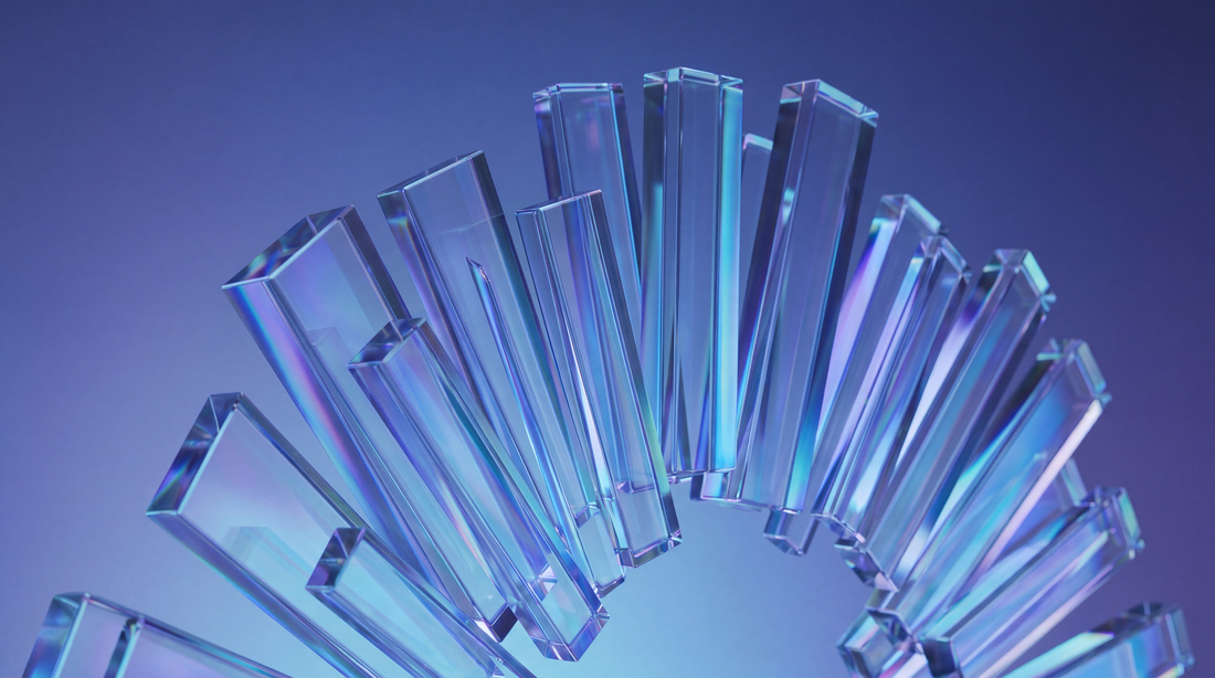Abstract crystal structure with transparent segments creating an iridescent play of light on a deep purple-blue.